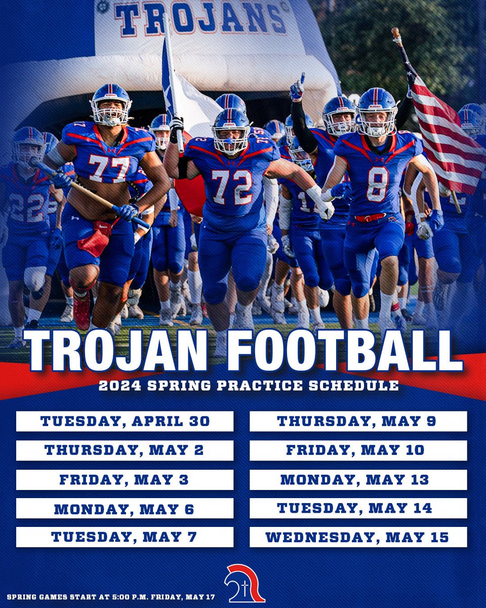 𝐖𝐞’𝐫𝐞 𝐁𝐚𝐚𝐚𝐚𝐚𝐚𝐜𝐤 🗣️ Spring football is on the way! Mark your calendars for the 2024 spring football practice schedule. @TCAAddisonFB | #TrojanPride