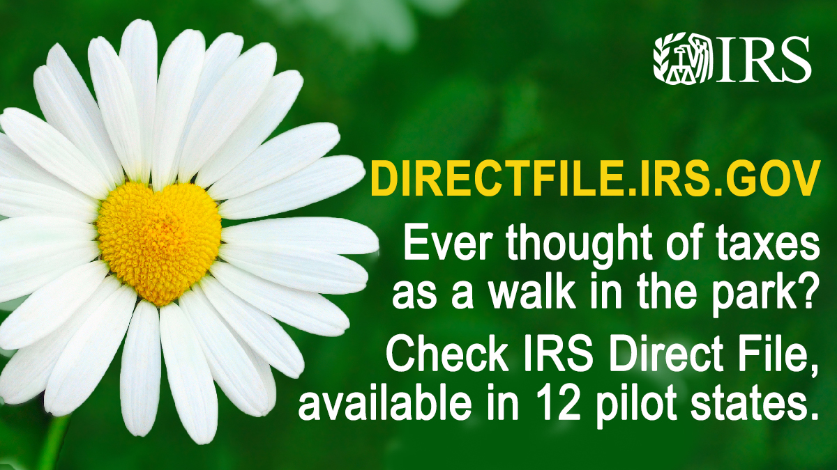 Wishing for more time to enjoy the outdoors? Eligible people in 12 pilot states are encouraged to check whether Direct File is the right option for them to file their taxes online, for free, directly with #IRS. It’s quick and easy: directfile.irs.gov