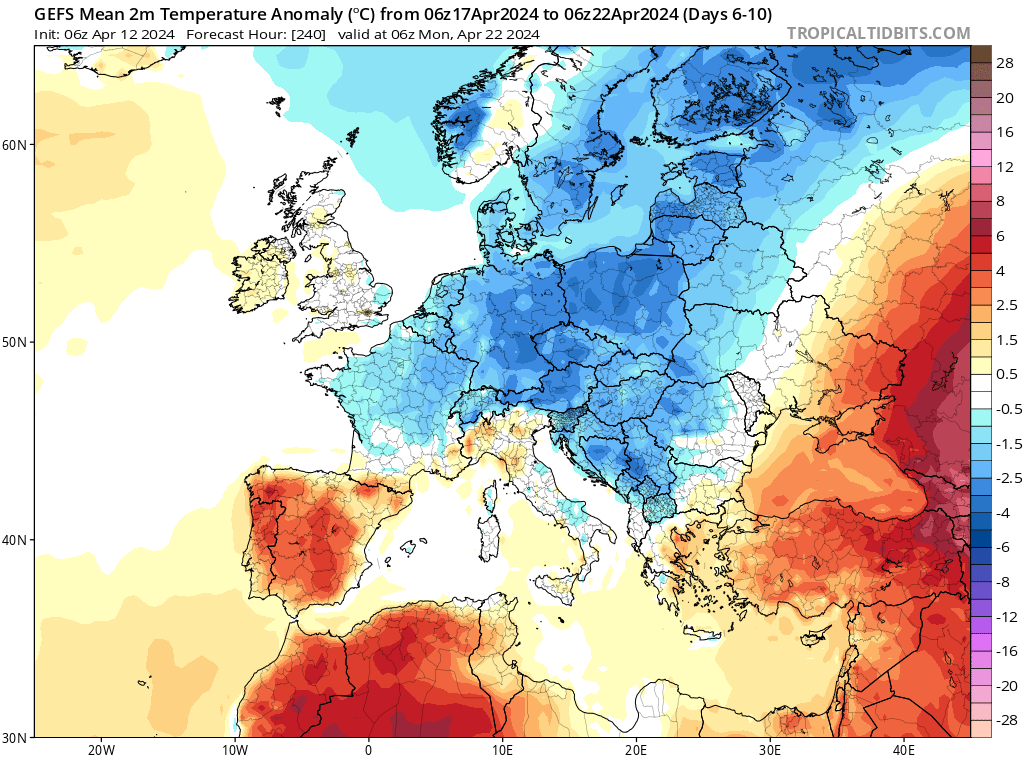Quite the cooldown on the way, esp for central Europe! April anomaly (so far) vs GFS ens Day 6-10...
