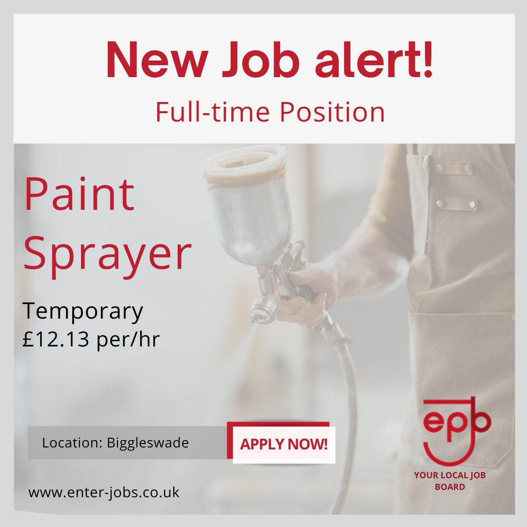 Enterprise Personnel is recruiting a Temporary Paint Sprayer for their local client.
Apply now via our website!

#paintsprayers #jobalert #tempjobs #fulltimejob #biggleswade #jobvacancies #MondayToFriday #jobopportunity #temporarywork