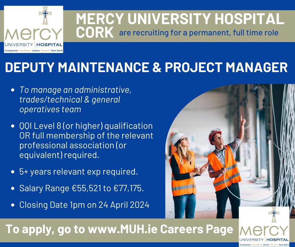 @Mercycork are recruiting a DEPUTY MAINTENANCE & PROJECT MANAGER. Full details of this permanent, full time role can be found here: api.occupop.com/shared/job/dep…

#maintenancejobs #projectmanager #corkhospital #jobfairy #engineeringjobs #surveyingjobs #constructionjobs