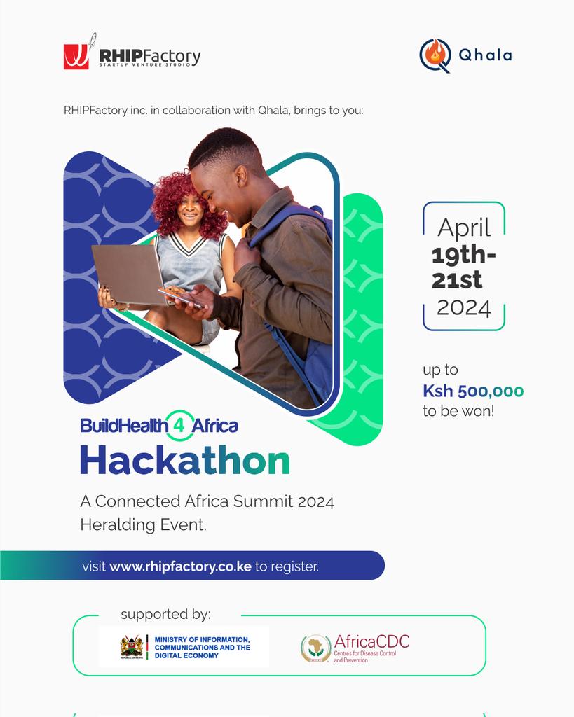 RHIPFactory's tweet image. “BUILD HEALTH FOR AFRICA HACKATHON”
A Connected Africa Summit 2024 Heralding Event. 
#NairobiKenya

RHIPFactory is consciously pioneering a transformative journey towards making healthcare more accessible through digital solutions.