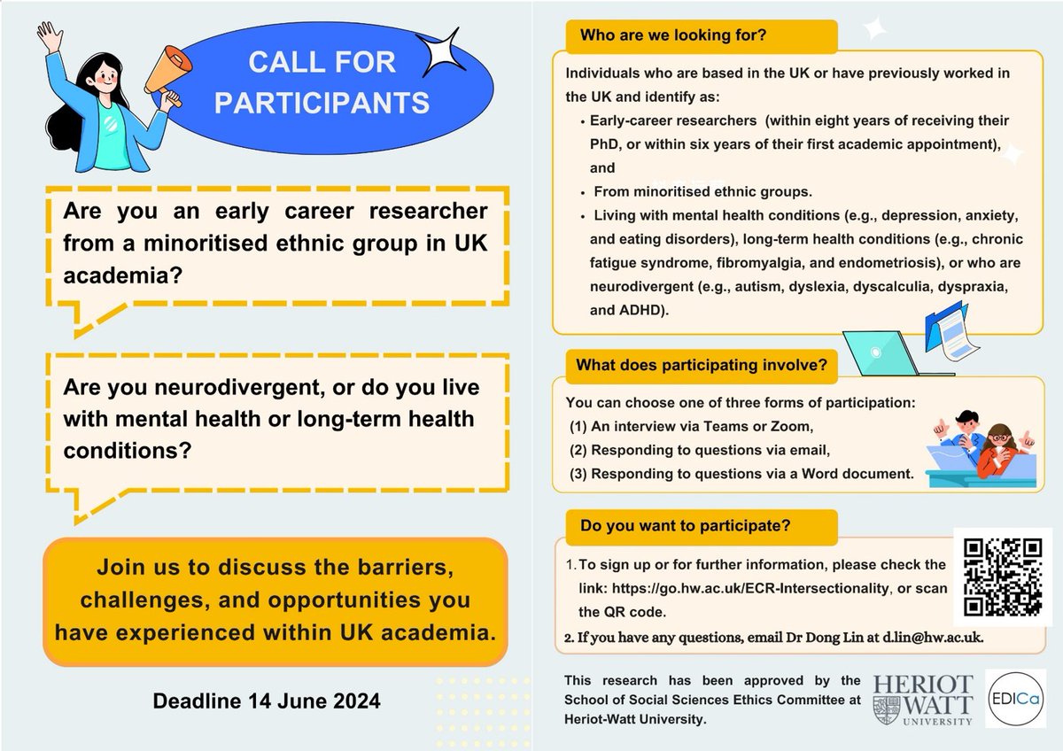 Call for Participants: ECRs from minoritised ethnic groups. Are you neurodivergent or live with mental health or long-term health conditions? Dr Lin looking for experiences of navigating UK academia. go.hw.ac.uk/ECR-Intersecti…