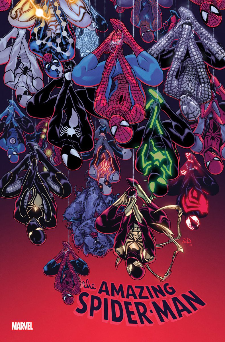 Increíble portada con varios trajes y versiones de Spider-Man. Será una variante del #53 de Amazing Spider-Man, sale en julio, ilustrada por Russell Dauterman.