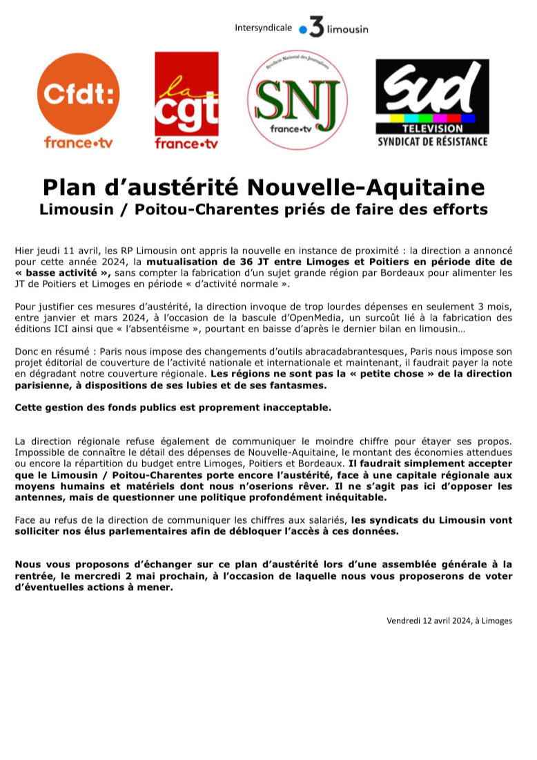 France 3 Limousin Poitou-Charentes ressuscité?😳 Prévus: 36 journaux “mutualisés” faute d’argent! Moins de proximité, c la devise… sûr que ça plaira aux téléspectateurs! 🙃
C le début d’année, et direction de F3 N-A annonce déjà économies XL sur antennes #Poitiers &amp; #Limoges.