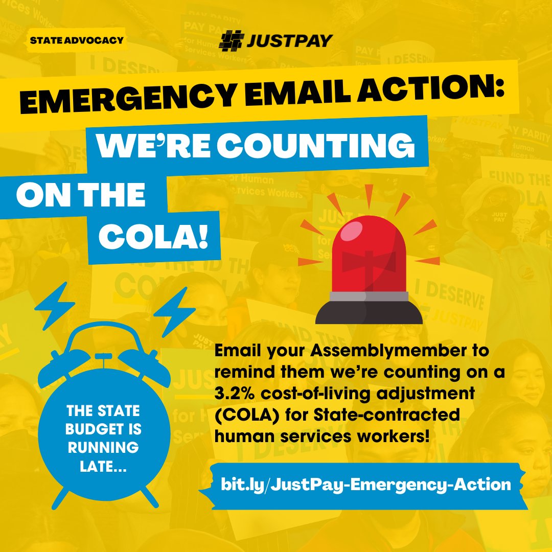 🚨All hands on deck for #JustPay!🚨 The State budget is running late, so we've organized an Emergency Email Action to ensure we have the legislature’s firm support for a 3.2% COLA for human services workers! Email your Assemblymember TODAY: bit.ly/JustPay-Emerge…