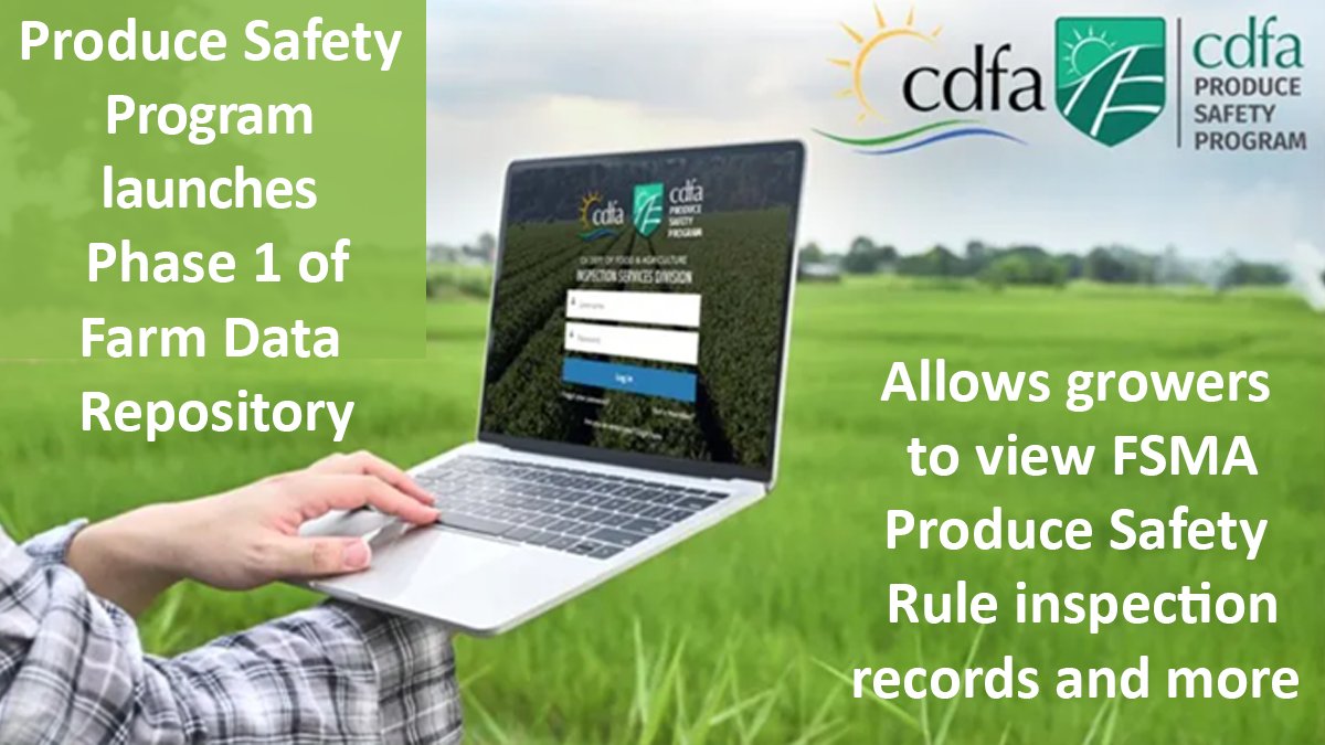 Beginning this month, CA produce farms required to comply with FDA's FSMA #ProduceSafetyRule will be added into the system on a rolling basis. Once added, growers will receive a welcome email with instructions on how to create a password-protected account 
blogs.cdfa.ca.gov/CDFAInspection…