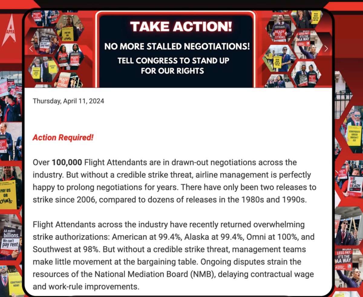 Flight Attendants and Supporters! Tell your Reps in Congress to sign on to a letter that urges the National Mediation Board (NMB) to utilize all provisions of the Railway Labor Act. #1u Links to call/email here. apfa.org/2024/04/11/4-1…