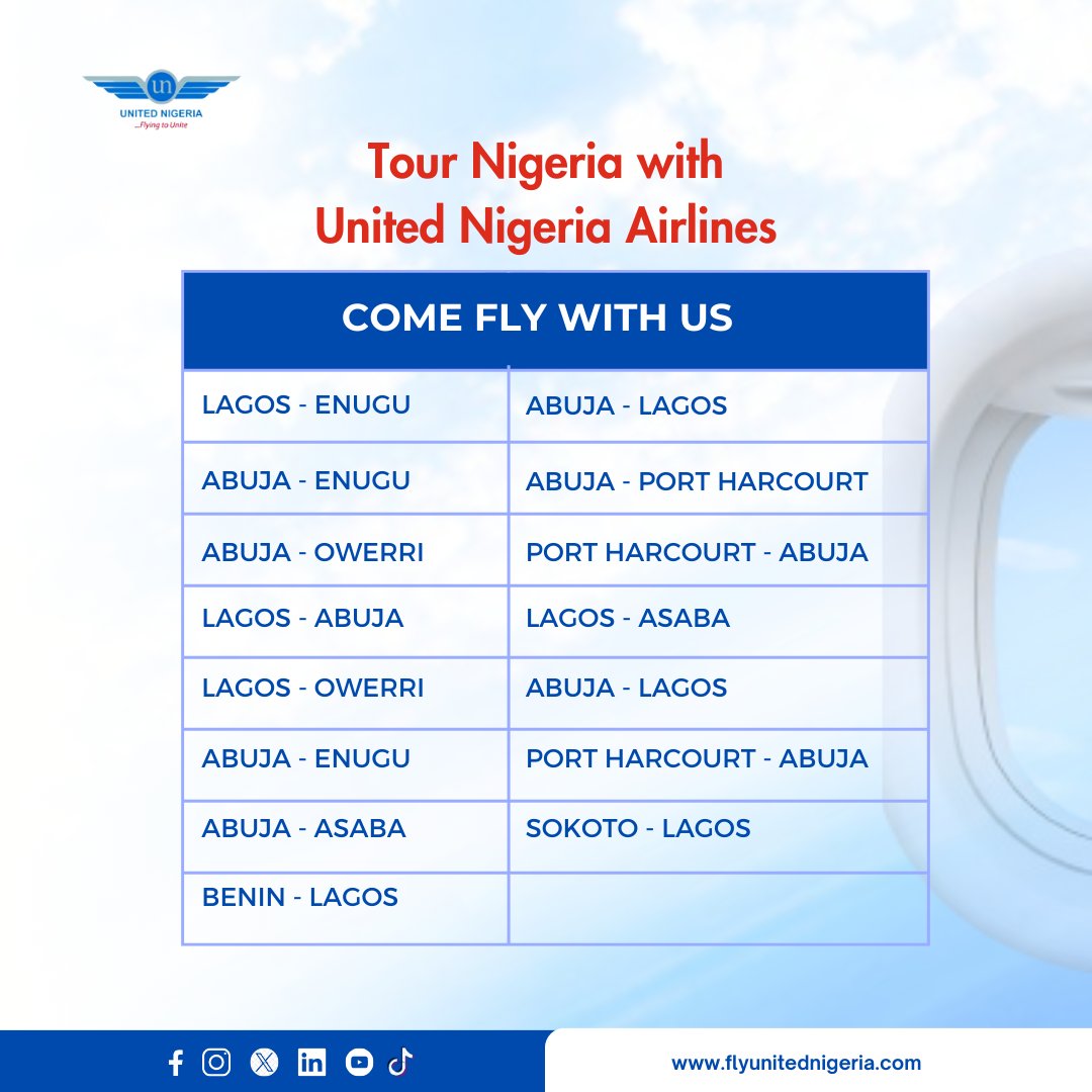 Gearing up for the weekend? ✈️

Embark on a memorable journey with us! Enjoy seamless and exceptional travel on any of these routes.

Book now through our website or mobile app!

#UnitedNigeriaAirlines #FlyUnitedNigeriaAirlines #FlyingToUnite #AMoreRewardingWayToFly #localflights