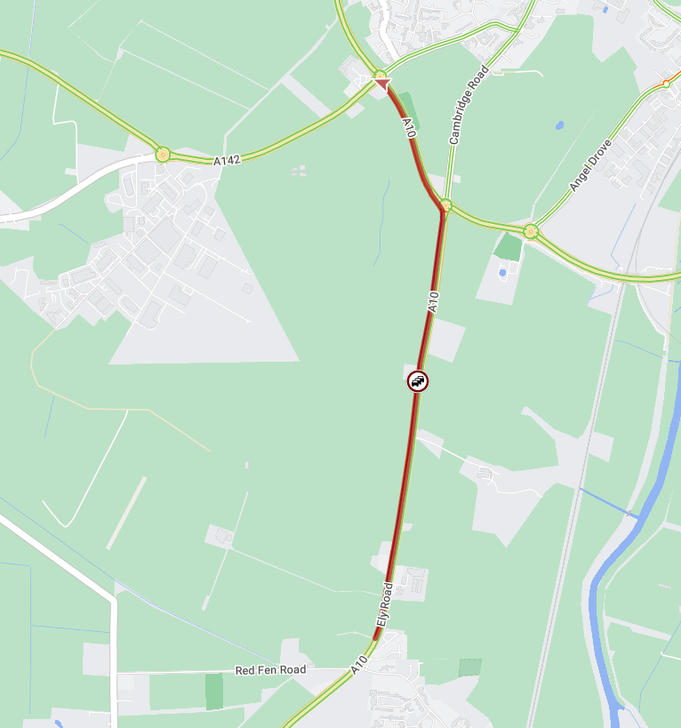 ⚠️#A10 northbound approaching #A142 #Witchford Road roundabout, #Ely; DELAYS due to an obstruction. Queues reaching back to #LittleThetford. Please allow extra time for your journey.