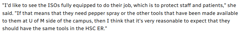 But the 'Progressive Conservative health critic' wants ISOs in the hospital to have the 'other tools that have been' forced on students at @umanitoba. This means ISOs are allowed to have weapons on campus not allowed in hospitals🚨! x.com/Fadi_S_Ennab/s… 3/8