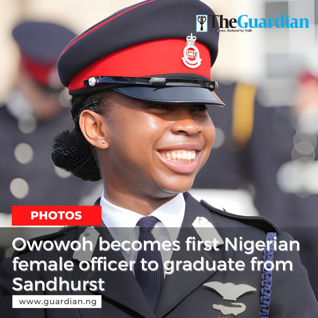 GuardianNigeria's tweet photo. Earlier today, Friday, April 12, 2024, Princess Oluchukwu Owowoh became the first Nigerian female officer cadet to graduate from Sandhurst. She was one of the 135 Officer Cadets commissioning as Army Officers at the Sovereign's Parade at the Royal Military Academy Sandhurst (RMAS) in Camberley, Surrey.

Established in 1947, following the merger of Royal Military Academy (founded 1741) and Royal Military College (founded 1801), and officially known as the Royal Military Academy Sandhurst, it is the British Army's initial officer training centre. All British Army officers, as well as other men and women from overseas, are trained at the academy.

However, unlike some other national military academies such as West Point in the United States, the École spéciale militaire de Saint-Cyr in France, the Royal Military College of Canada in Canada, the Pakistan Military Academy in Pakistan, the Nigerian Defence Academy in Nigeria or the Australian Defence Force Academy in Australia, Sandhurst is not a university.

Photo: PA Images

#OwowohPrincessOluchukwu #PrincessOluchukwuOwowoh #NigerianArmy #Nigeria #Sandhurst #Britain #UK