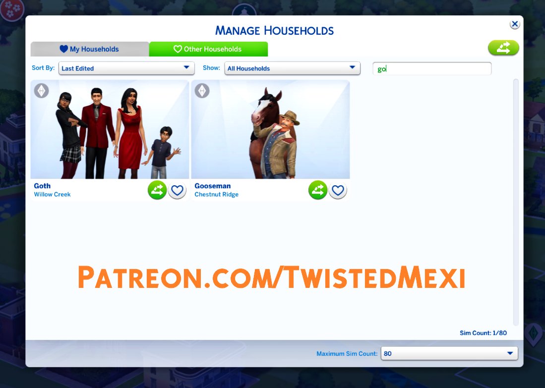 🔎Searchable Household Management🔍
🔸Adds a search bar to Manage Households
🔸Search by full or partial household name.

Available now on my Patreon!

Public release set for 5/7

#ts4 #sims4 #TheSims4 #ts4cc #ts4mods