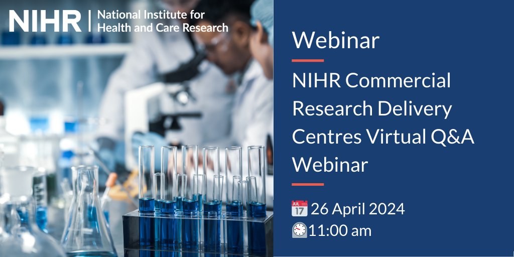 We are launching a new competition on 17 April to fund the Commercial Research Delivery Centres. A virtual webinar for potential applicants will take place on 26 April, 11 am. Register now to secure a place! For further details and to register, visit:nihr.ac.uk/funding/nihr-c…