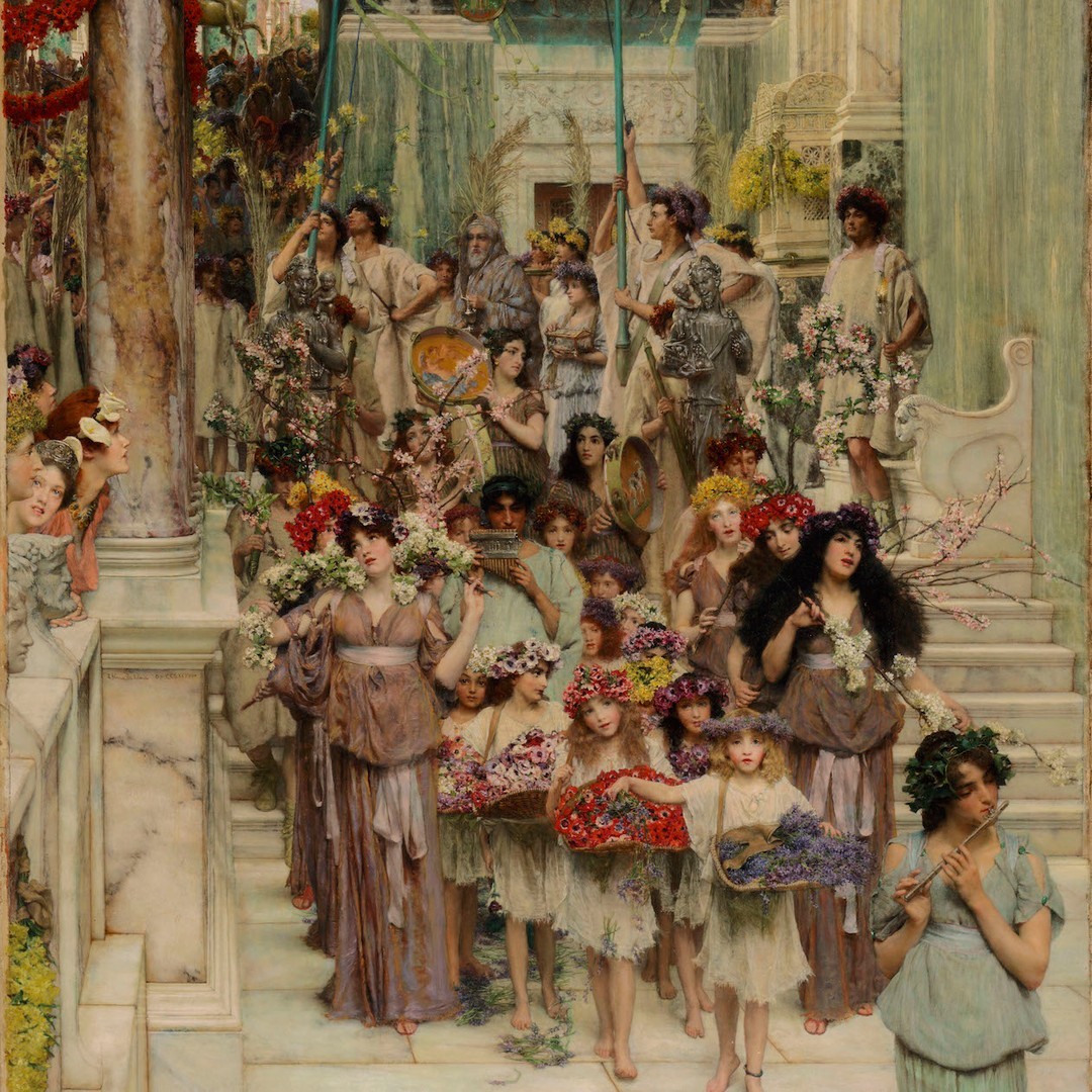 Happy Cerealia- This #Roman Festival ran from 12th-19th Apr, for the #Goddess of the Grain, Ceres. Women in white ran around with torches, representing Ceres searching for her daughter Proserpina. ​​​​​​​​ The painting by Sir Lawrence Alma Tadema reimagines the festival.