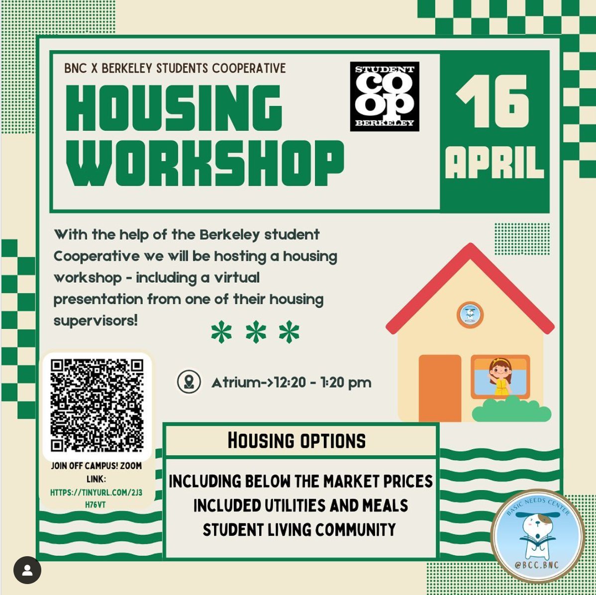 🏠HOUSING WORKSHOP!
As part of @berkeleycc #BasicNeeds Awareness Week, they will host a hybrid workshop next Tuesday April 16th! 

You may attend in the atrium or virtually by accessing the zoom link in the QR🔽
bit.ly/4cT8a6S

✨Come learn about housing options!