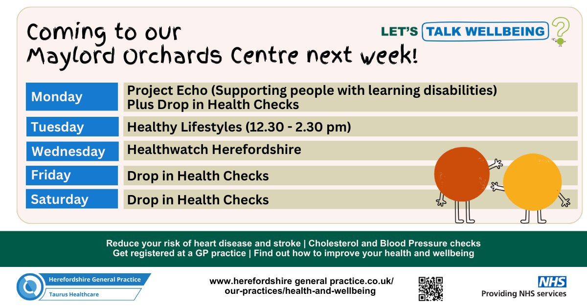 At our Talk Wellbeing Maylord Orchards centre next week, we'll be offering drop in Health Checks on Monday, Friday and Saturday We'll be welcoming the Project Echo, Healthy Lifestyles and Healthwatch Herefordshire teams. See: herefordshiregeneralpractice.co.uk/health-and-wel… or below for further details