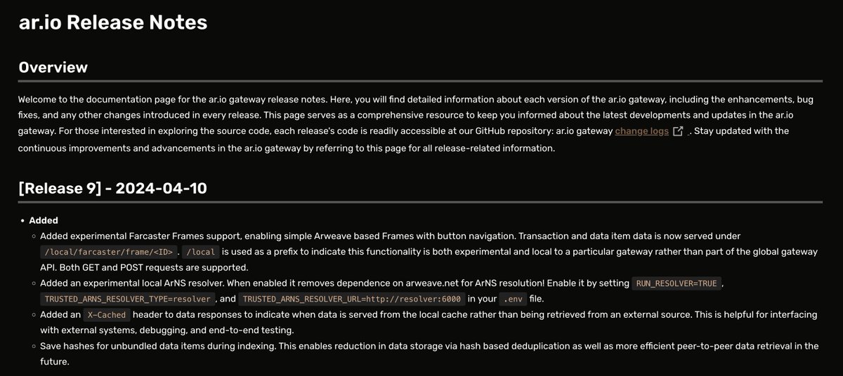 Release 9 of the AR.IO Gateway is now available & includes two key new features for operators: 1⃣ Added experimental @farcaster_xyz Frames support - GET & POST requests are supported 2⃣ Added an experimental local ArNS resolver docs.ar.io/gateways/ar-io…