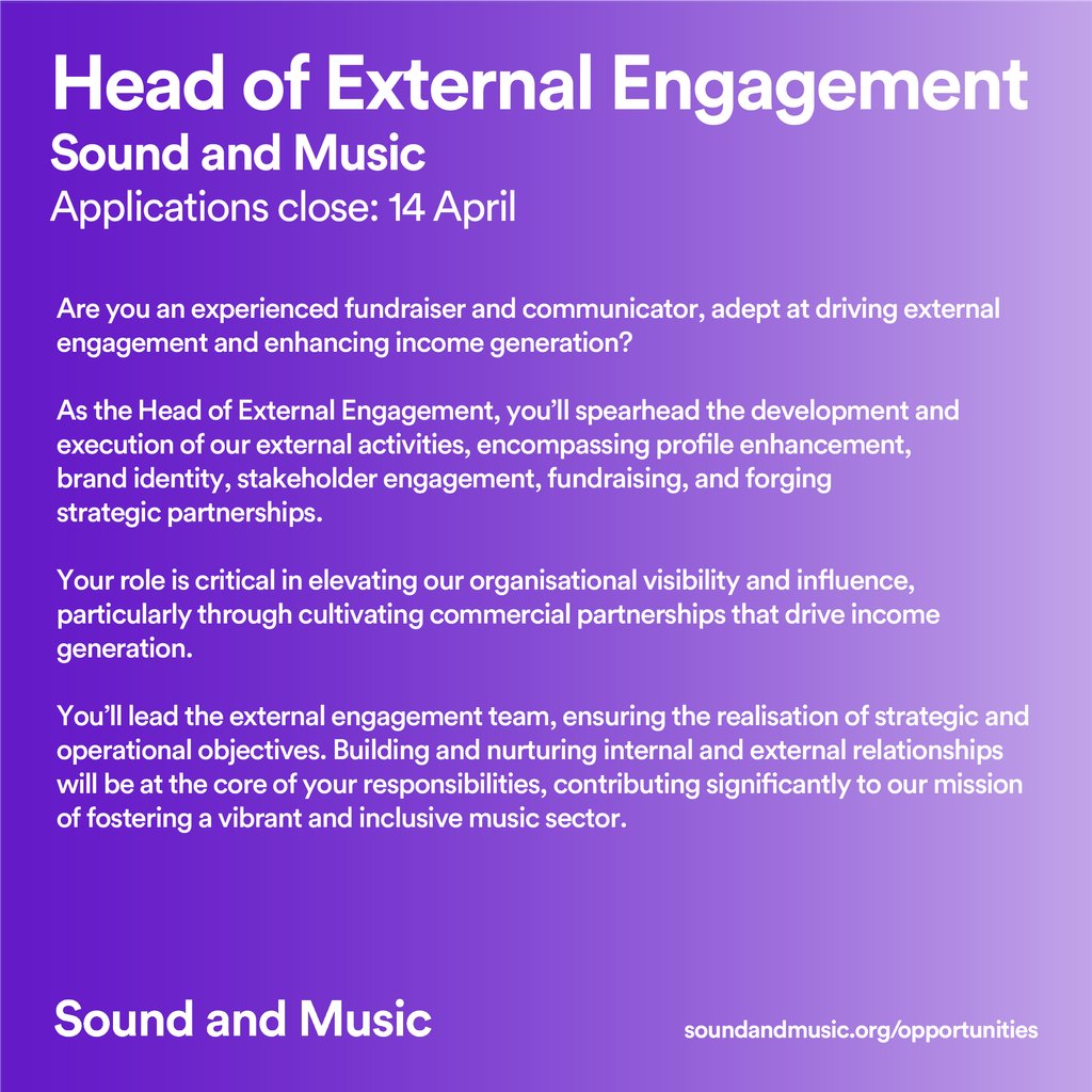 🎶 Join us in shaping the future of new music 🎶⁠ ⏰ Only 2 days left! Our Head of Programmes and Head of External Engagement roles close 14 April at 23:59. 🌟 Click below for details, let's make a difference together! 🔗 bit.ly/SoundandMusicJ… #JoinOurTeam #MusicCareers