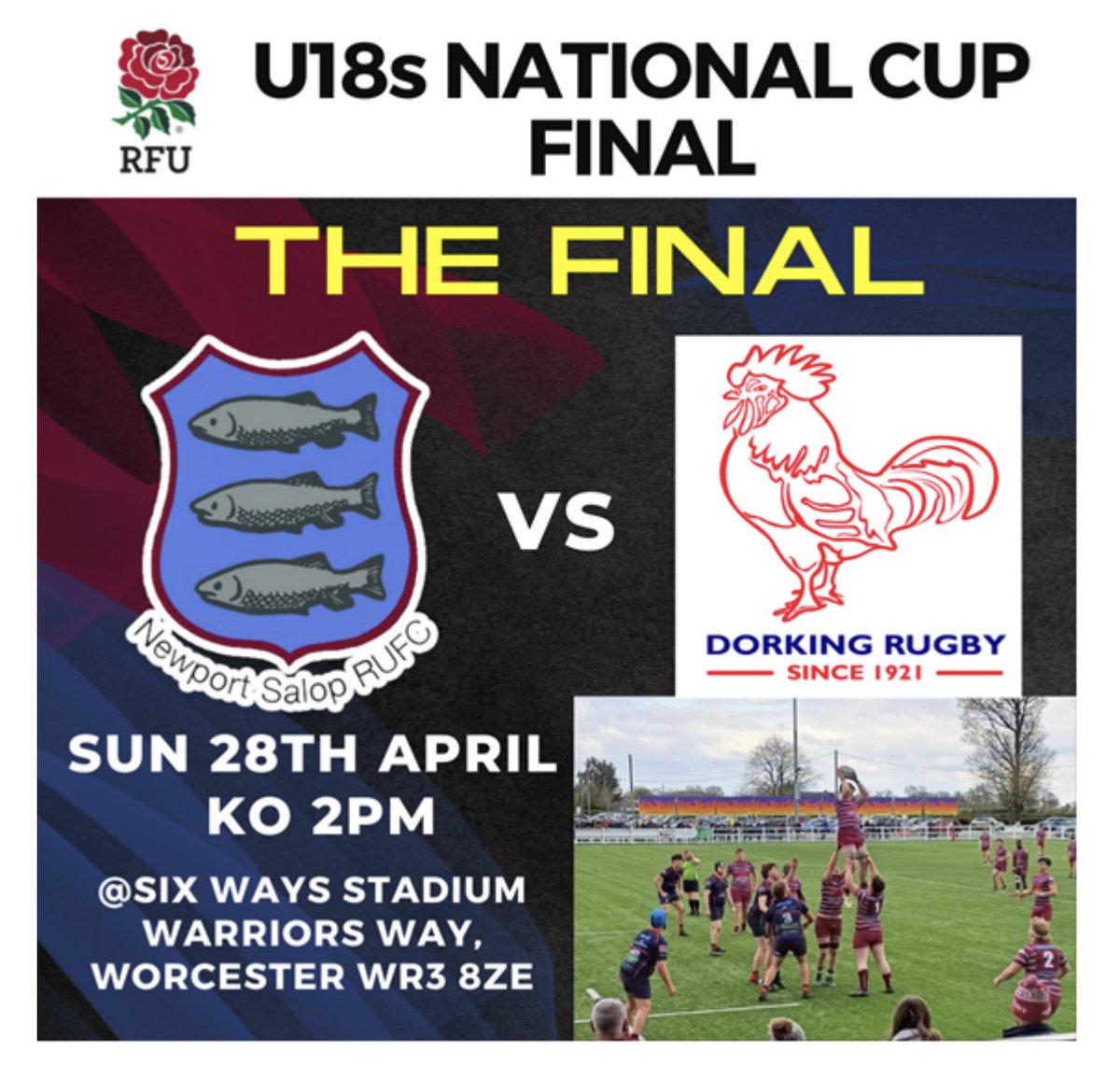 Congratulations to @NewportSalopRFC reaching the finals of the National Colts Cup against Dorking. Match to be played at Sixways Stadium Sunday 28th April at 2:00pm - all support welcome.