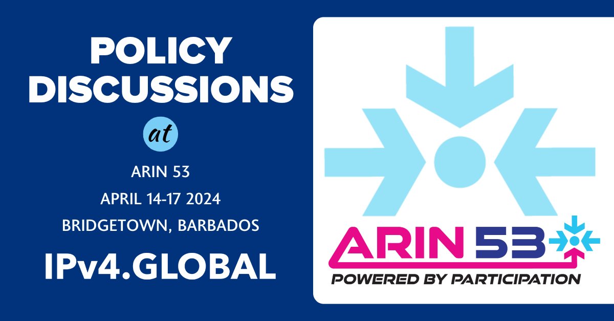 The American Registry for Internet Numbers (ARIN) is hosting their 53rd Public Policy & Members Meeting in Bridgetown, Barbados from April 14-17, 2024. Here are the proposals up for discussion at #ARIN 53: hubs.li/Q02sH--S0
#ARIN53 #IPv4 #BuySellLeaseIPv4