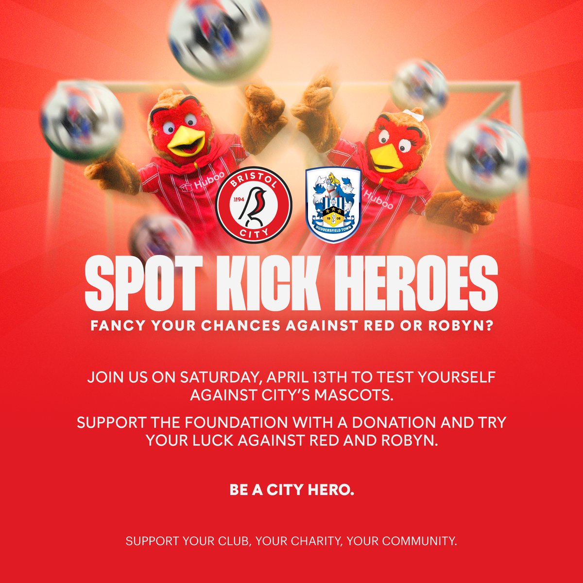 ℹ️ We will be in the South Stand concourse between 1pm-1:30pm participating in the Spot Kick Heroes activation! ❤️ Support the @RobinsFound with a donation and try your luck against us!