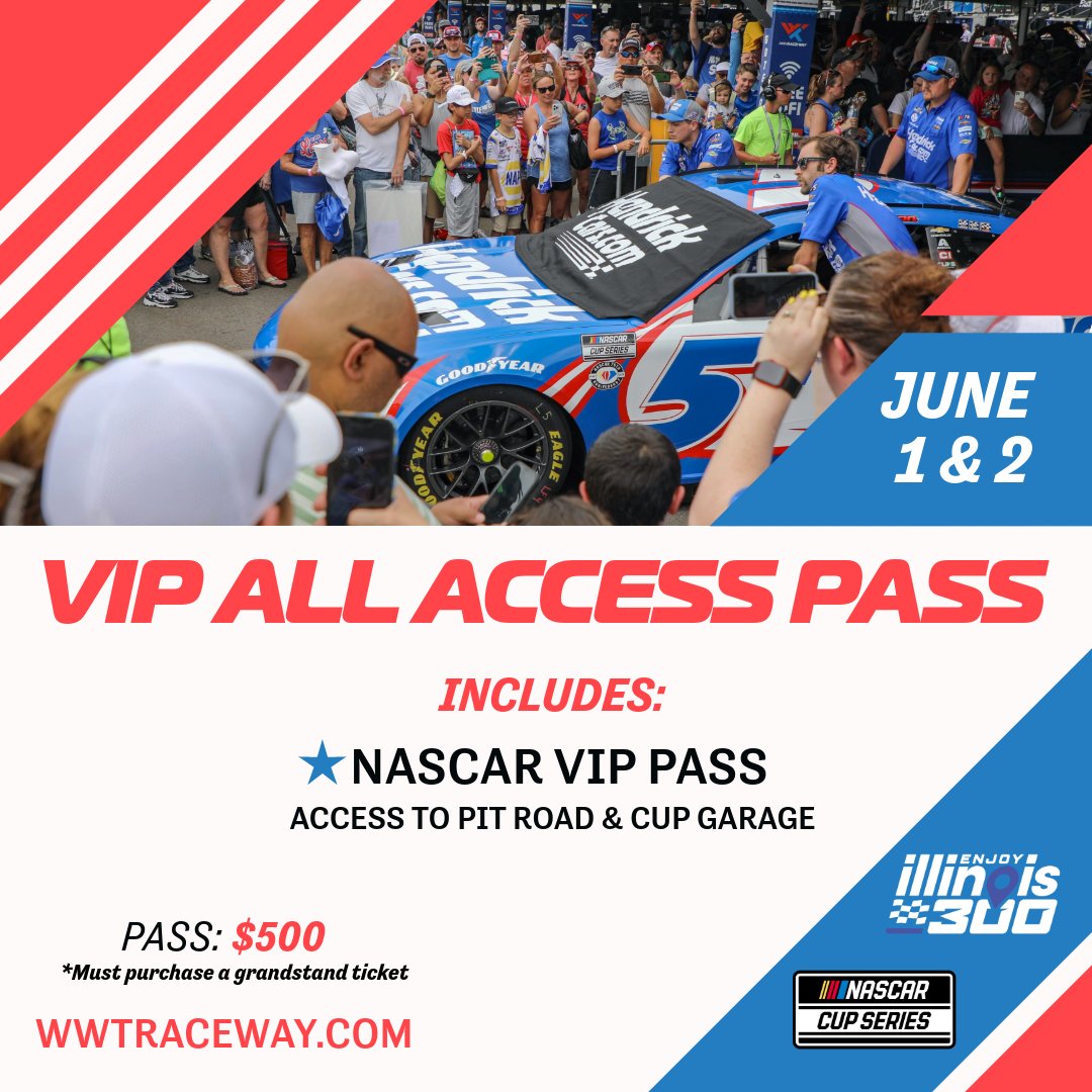 Get closer than ever before to the @NASCAR Cup cars and stars! This is your all- access pass to feel like the VIP you truly are! This allows you in the Cup Garage AND Pit Road! Get yours today! Limited tickets available>> shorturl.at/qCEP8