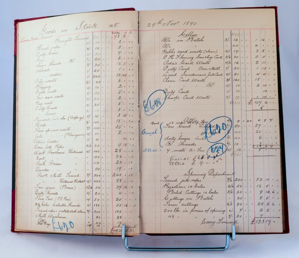 📓🧵 In our collections, we have a variety of books and booklets, one of which is this stock book which lists transactions from November 1928 to November 1980. The book, half bound in leather, shows various types of card and jute that were stocked. #FridayCollections