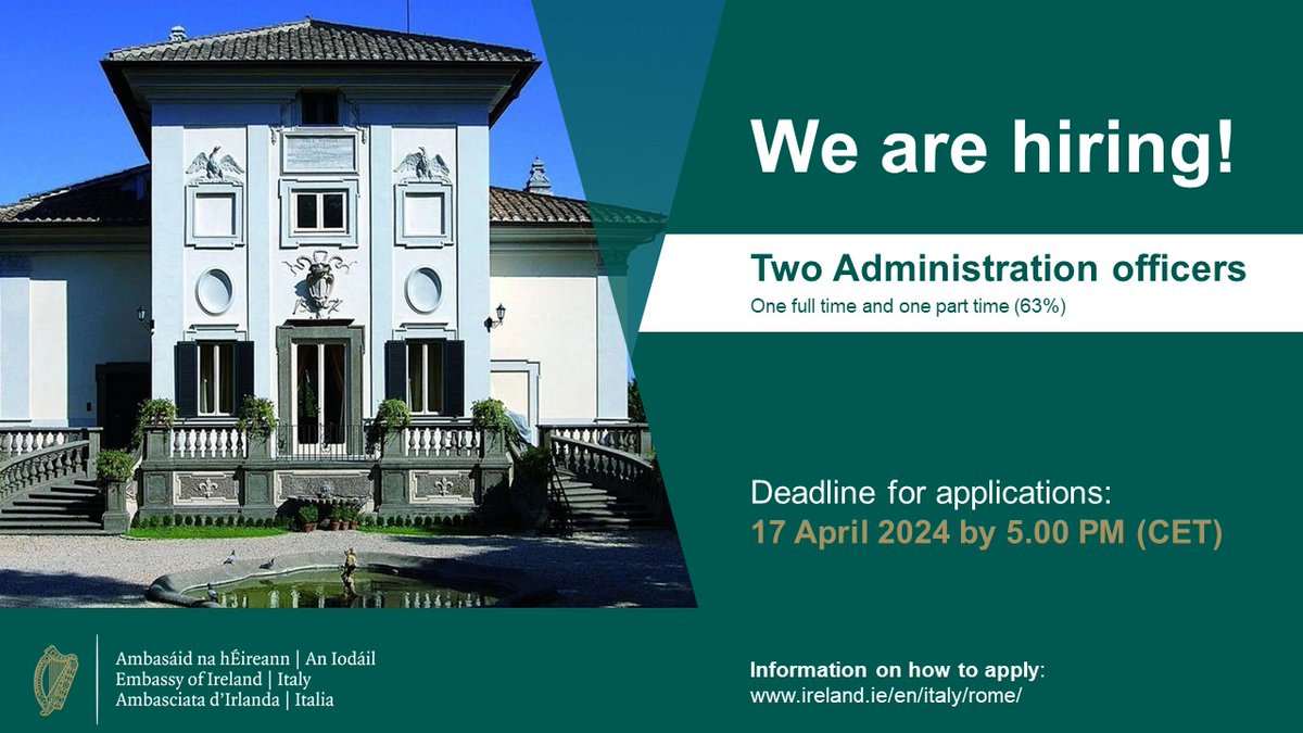 Looking for a job in Rome? We’re #hiring!💼 You have time until 17 April to apply for two positions as Administration Officers and join our team 🇮🇪🇮🇹 Find information on how to apply below ⬇️ ireland.ie/en/italy/rome/… #jobfairy @eujobsireland #lavorodeisogni