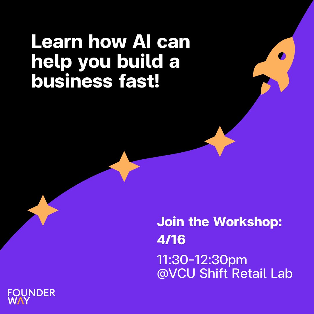 FounderWayAI's tweet image. Looking to start a business fast?

Join our founder @CodySJung to learn:
🪜 4 steps from idea to first customer
🤖 How to use AI to move faster
💸 How to keep your costs down

Workshop details:
4/16
11:30-12:30pm
at VCU Shift Retail Lab

#AI #workshop #startups #AIstartups