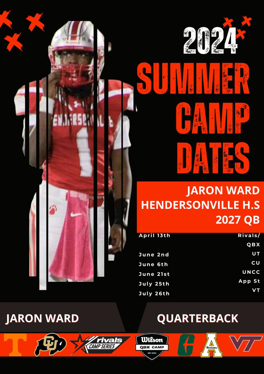 @jaronward11 HAPPY CAMPING SEASON!!!! Kicking off tomorrow at @FMYellowJackets for the @RivalsCamp 
See you soon @Vol_Football 🧡🤍#gbo
@CUBuffsFootball 🦬🦬 #SkoBuffs 
@CharlotteFTBL ⚒️⛏️ #GoldStandard 
@AppState_FB ⛰️🏔️ #goapp
@hokiesfb  🦃🦃 #thisishome