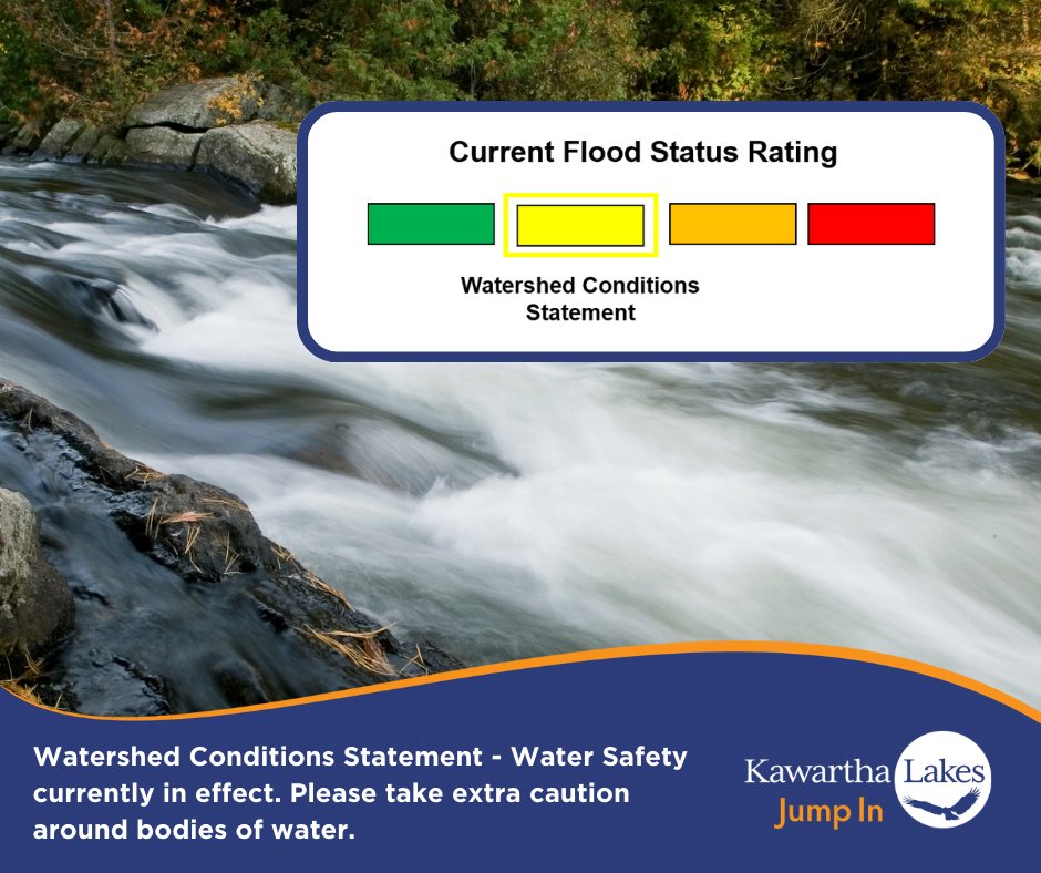 Kawartha Conservation has issued a Watershed Conditions Statement for the coming days, April 11 to April 23, 2024 due to heavy rain and high winds in the forecast. Please take extra precaution around all bodies of water this spring!

More information: kawarthalakes.me/3TZjw0H