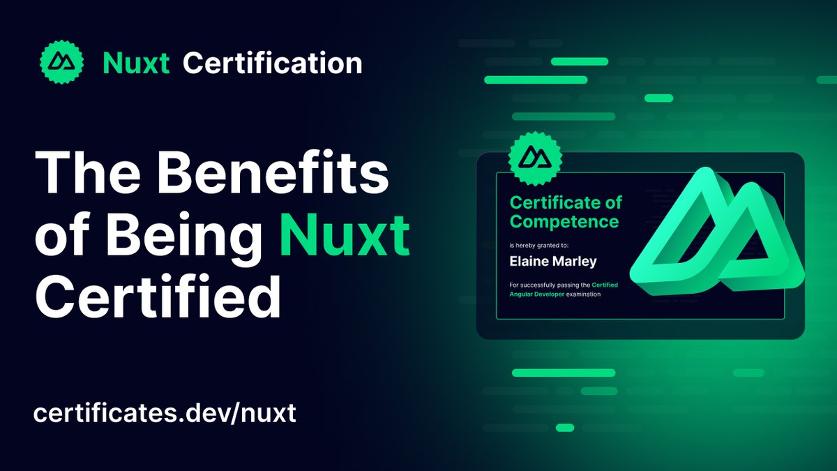 Our official #NuxtCertification, in collaboration with @nuxt_js, is a career game-changer! Validate your skills, enhance your career opportunities, & increase your earning potential. Sign up at certificates.dev/nuxt for Early Bird offer updates launching on April 23.