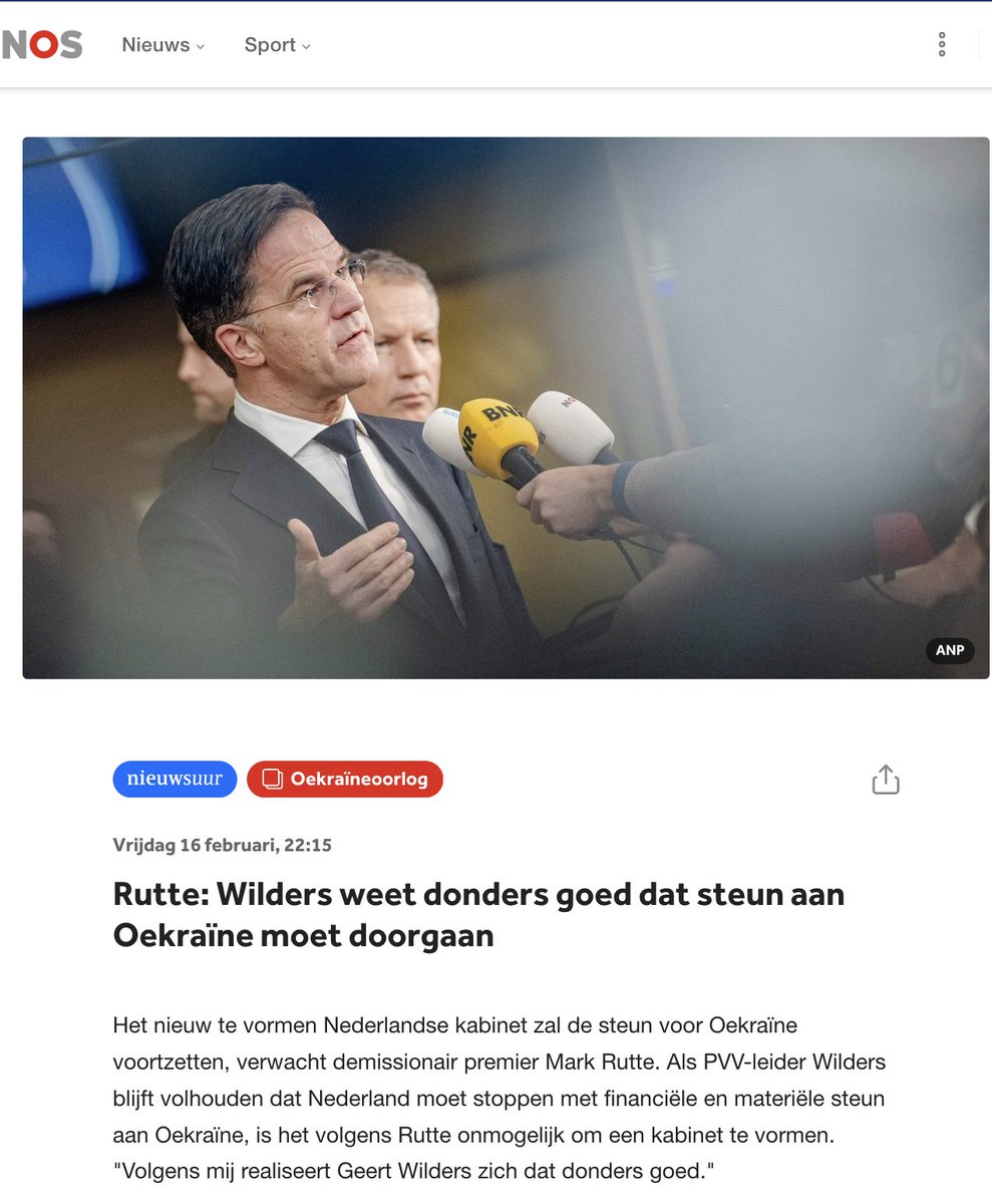 'Als Wilders blijft volhouden dat Nederland moet stoppen met financiële en materiële steun aan Oekraïne, is het volgens Rutte onmogelijk om een kabinet te vormen.' Wilders: Terwijl de #PVV knokt voor Nederland, vliegen de miljarden op een vrijdagmiddag naar het buitenland.