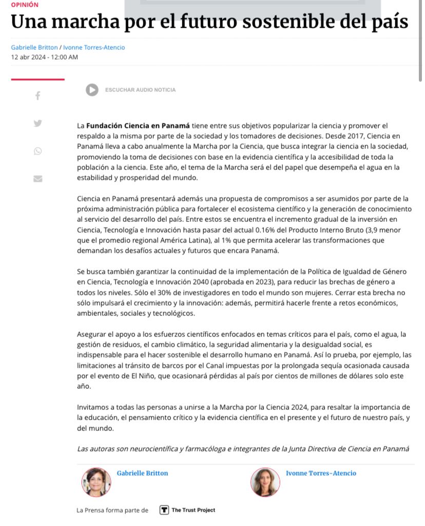 Desde 2017, Ciencia en Panamá lleva a cabo anualmente la Marcha por la Ciencia. Este año, el tema será el del papel que desempeña el agua en la estabilidad y prosperidad del mundo. Nuestra columna hoy en @prensacom de las Dras. Ivonne Torres-Atencio y Gabrielle Britton.