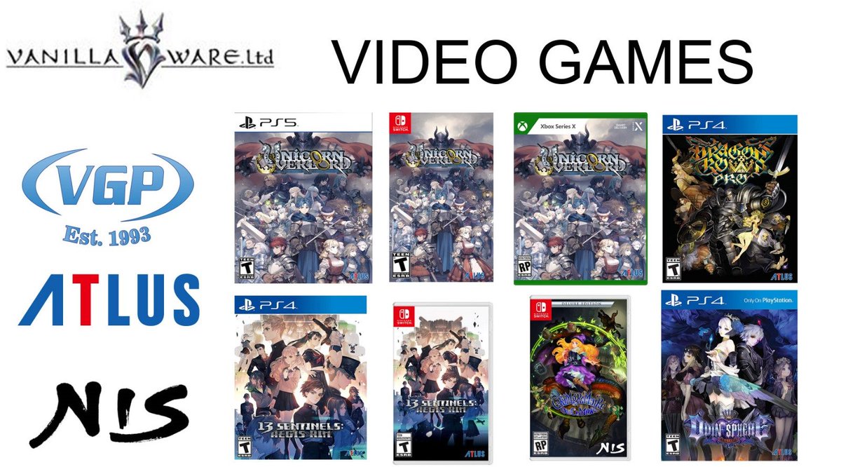 #Vanillaware #videogames at #VGP ❤️ Order: tinyurl.com/3829s743 Dragon's Crown Pro #PS4 $29.99 / 22 USD GrimGrimoire #NSW $44.99 / 32.99 13 Sentinels NSW/PS4 $29.99 / 22 Unicorn Overlord NSW / #PS5 / #Xbox $49.99 / 36.99 Odin Sphere PS4 $39.99 / 29.99 Unicorn Overlord…