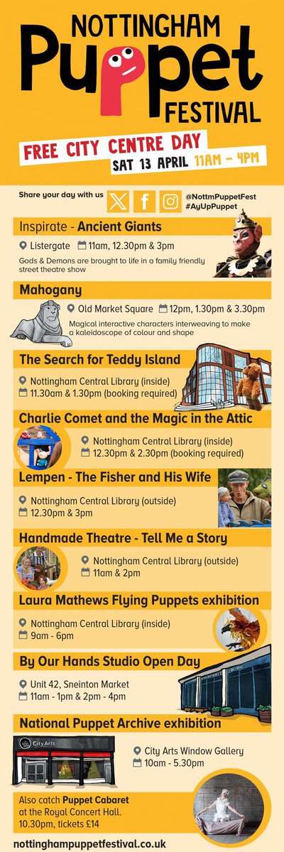 #ayuppuppet It’s our FREE city centre day tomorrow, produced by @CityArtsNotts. Events kick off from 11am and lots are repeated throughout the day. Download our handy schedule so you don’t miss a thing! See you there!