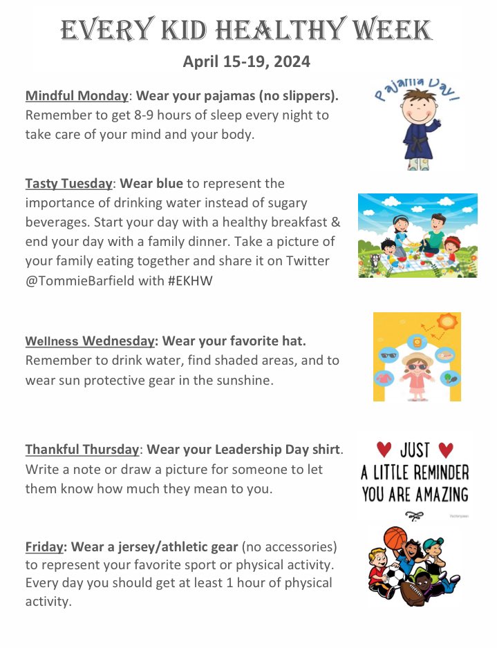 Join us in celebrating #EveryKidHealthyWeek with themed days to represent different aspects of living a healthy lifestyle @TommieBarfield @ccpsDRIVE2BFIT @Act4HlthyKids