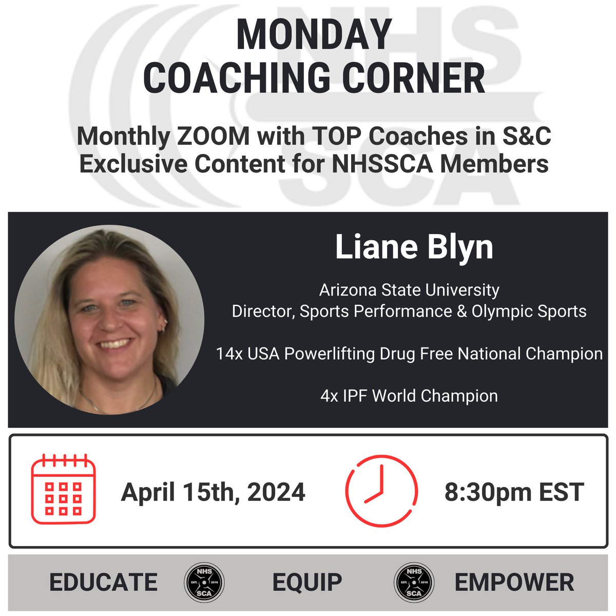 Excited to have Liane Blyn @lianeblyn with us this Monday for our next Coaching Corner 🗓 Monday, April 15, 830 PM EST 📝 Learn from Coach Blyn and her extensive experience in College, HS, and Private settings, along with her extremely successful competitive accomplishments.