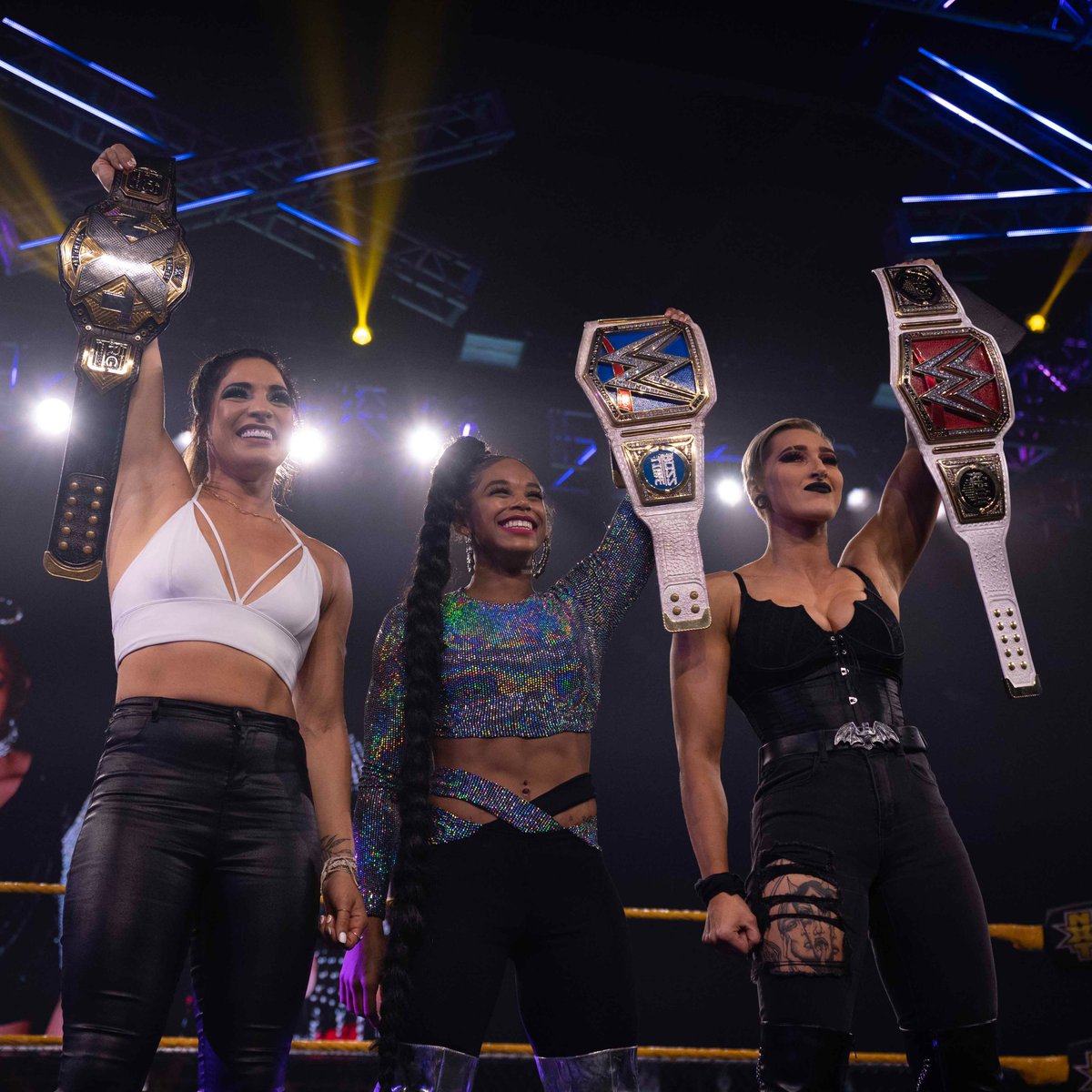 3 years ago, @BiancaBelairWWE, @RheaRipley_WWE, and @RaquelWWE stood at the top of their respective Women's Divisions in @WWE! #wwe