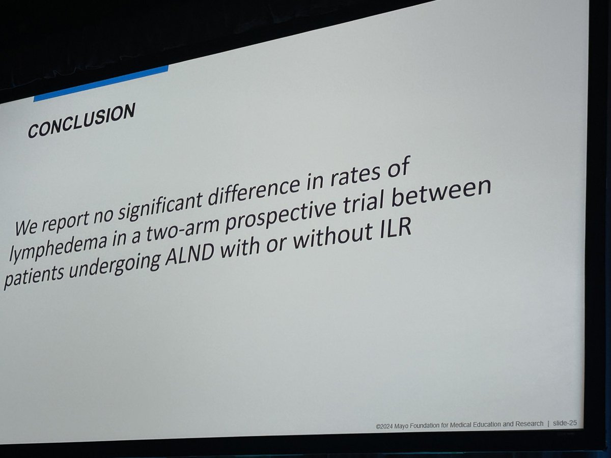 ⁦@DrJamesJakub⁩ presenting on prospective trial of immediate lymphatic reconstruction at time of ALND showing no difference in lymphedema rates #asbs24 ⁦@MayoCancerCare⁩ ⁦@DrMaraPiltin⁩