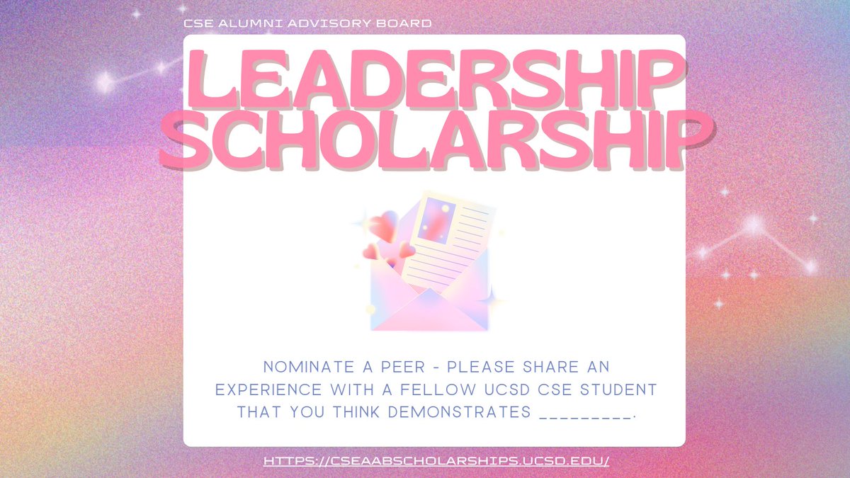 Reminder: #CSEAAB Leadership Scholarship Apps. are due on April 26th! Answer one of three prompts to tell us about leadership, excellence, and service you’ve found at CSE for a chance to receive a $1K scholarship. Apply: cseaabscholarships.ucsd.edu