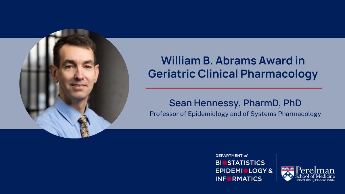 Dept. of Biostatistics, Epidemiology & Informatics (@upenndbei) on Twitter photo We’re thrilled to announce that Sean Hennessy, PharmD, PhD, (<a href="/HennessySean/">Sean Hennessy</a>) received the William B. Abrams Award in Geriatric Clinical Pharmacology award at the <a href="/ASCPTjournals/">ASCPT Journal Family</a> 2024 Annual Meeting. Join us in celebrating his remarkable achievements in Pharmacology. We’re thrilled to announce that Sean Hennessy, PharmD, PhD, (<a href="/HennessySean/">Sean Hennessy</a>) received the William B. Abrams Award in Geriatric Clinical Pharmacology award at the <a href="/ASCPTjournals/">ASCPT Journal Family</a> 2024 Annual Meeting. Join us in celebrating his remarkable achievements in Pharmacology.