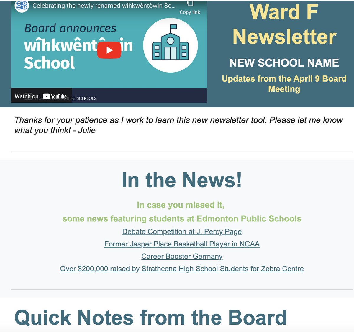 Next Ward F Newsletter is out! 📕 Updates from the Board 📗Good news stories from around Ward F and Edmonton Public Schools 📘Award and committee nomination opportunities 📙Other useful info #yeg #epsb #abed Sign up: forms.gle/3rCdJW2ekqSCtg…