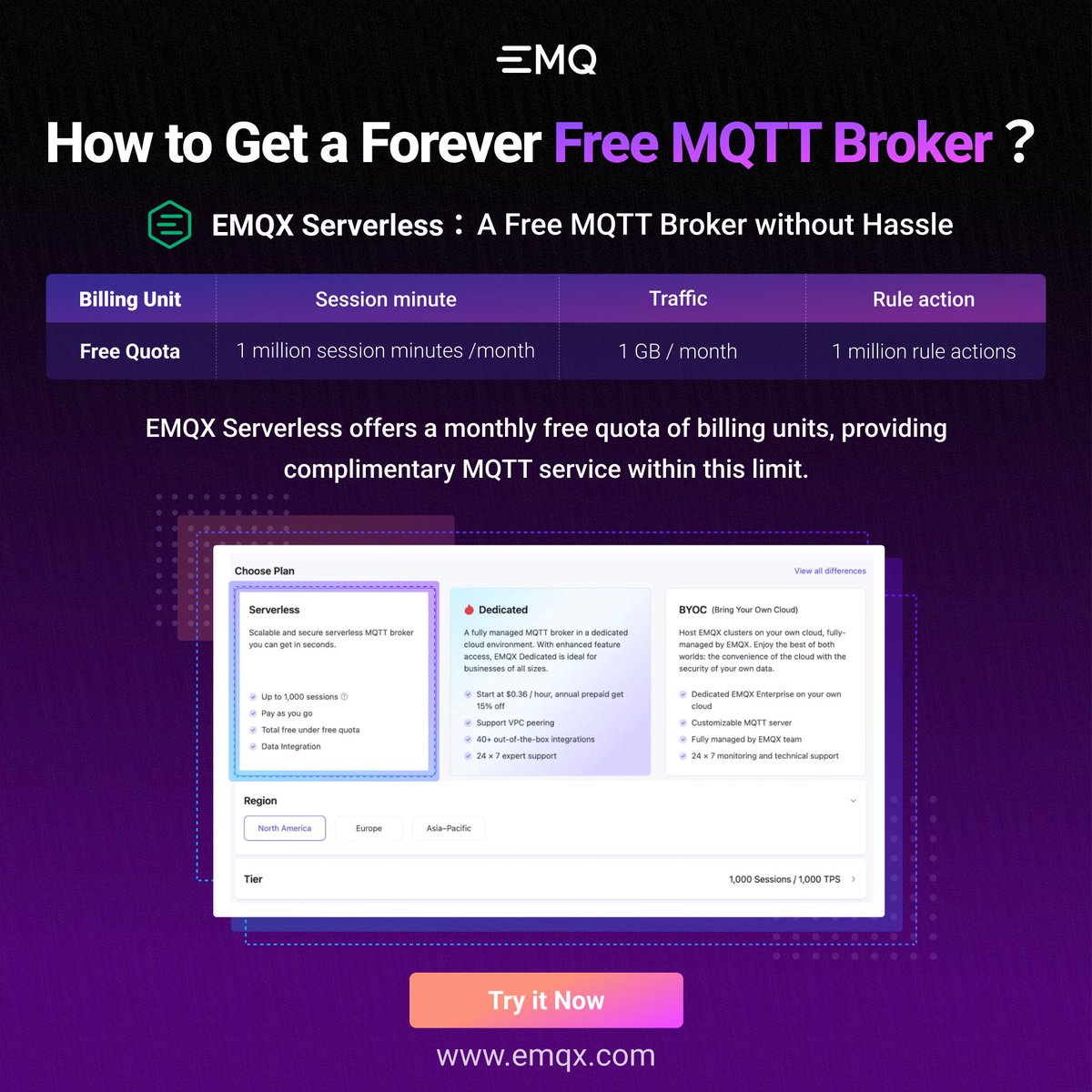💰 Looking to cut costs on your #IoT projects? Look no further! 🔍With #EMQXServerless, a free #MQTT broker, scalability meets performance without breaking the bank.💡Ideal for developers and small businesses diving into the IoT realm. Try it Today ⬇️ social.emqx.com/u/P4EnLQ