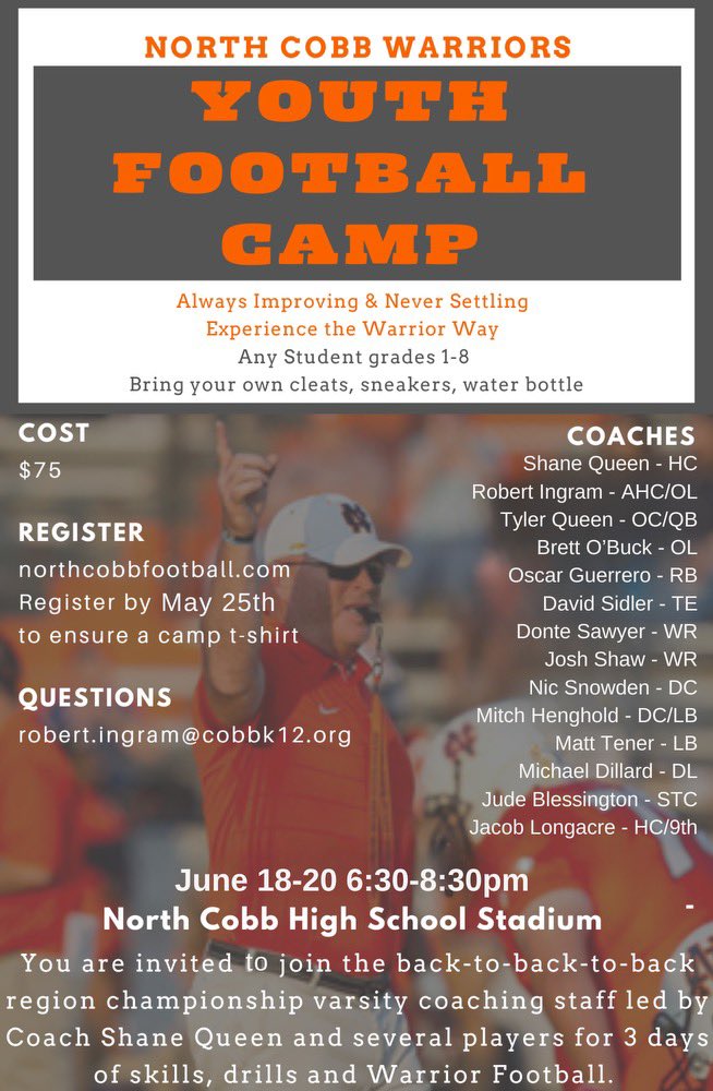 Come join our staff and players to better your craft this summer‼️ Can’t wait for a chance to see our future @NCWarriorsFB players‼️ #NCOBBFAM