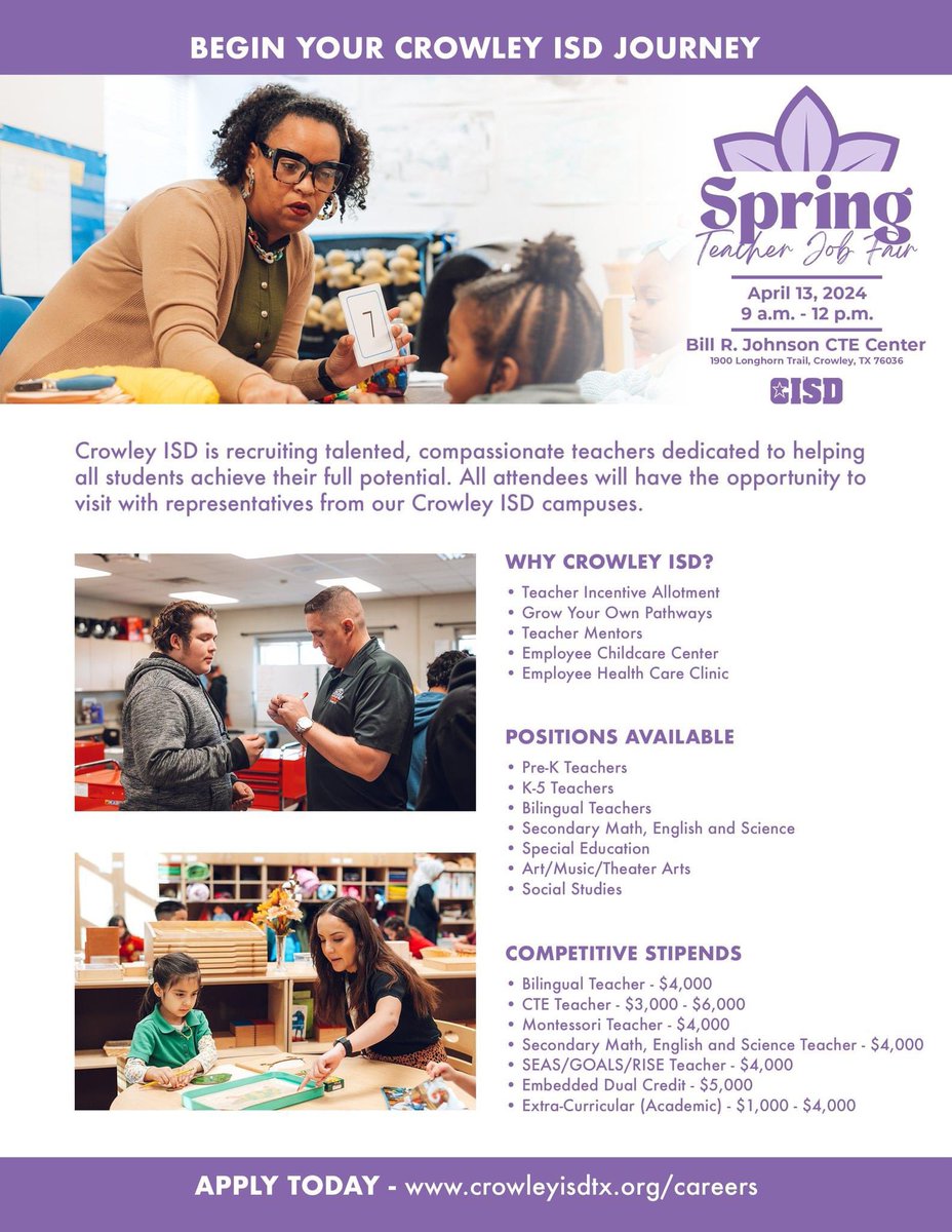 📣 We are hiring! Meet all of our awesome principals THIS SATURDAY at the Spring Teacher Job Fair. crowleyisdtx.org/careers #CrowleyPrideUnified #OneTeamOneDream