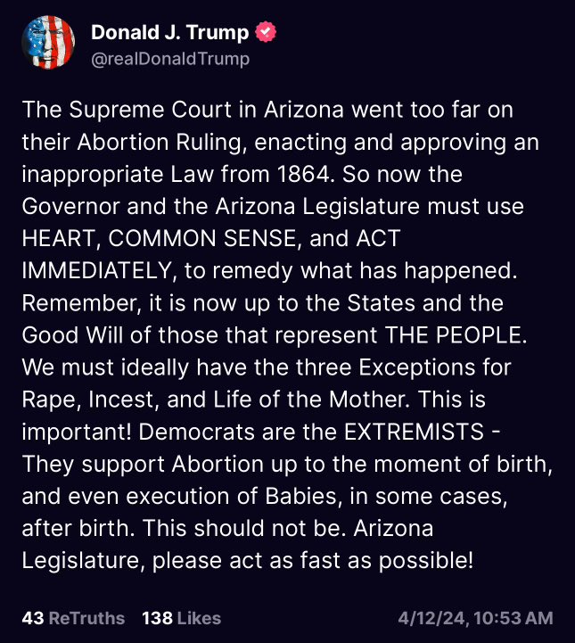Don The Con is now actively attacking pro-life protections in Arizona and begging the legislature to move left on the issue. He never cared about leaving it to the states, it was all just talk.