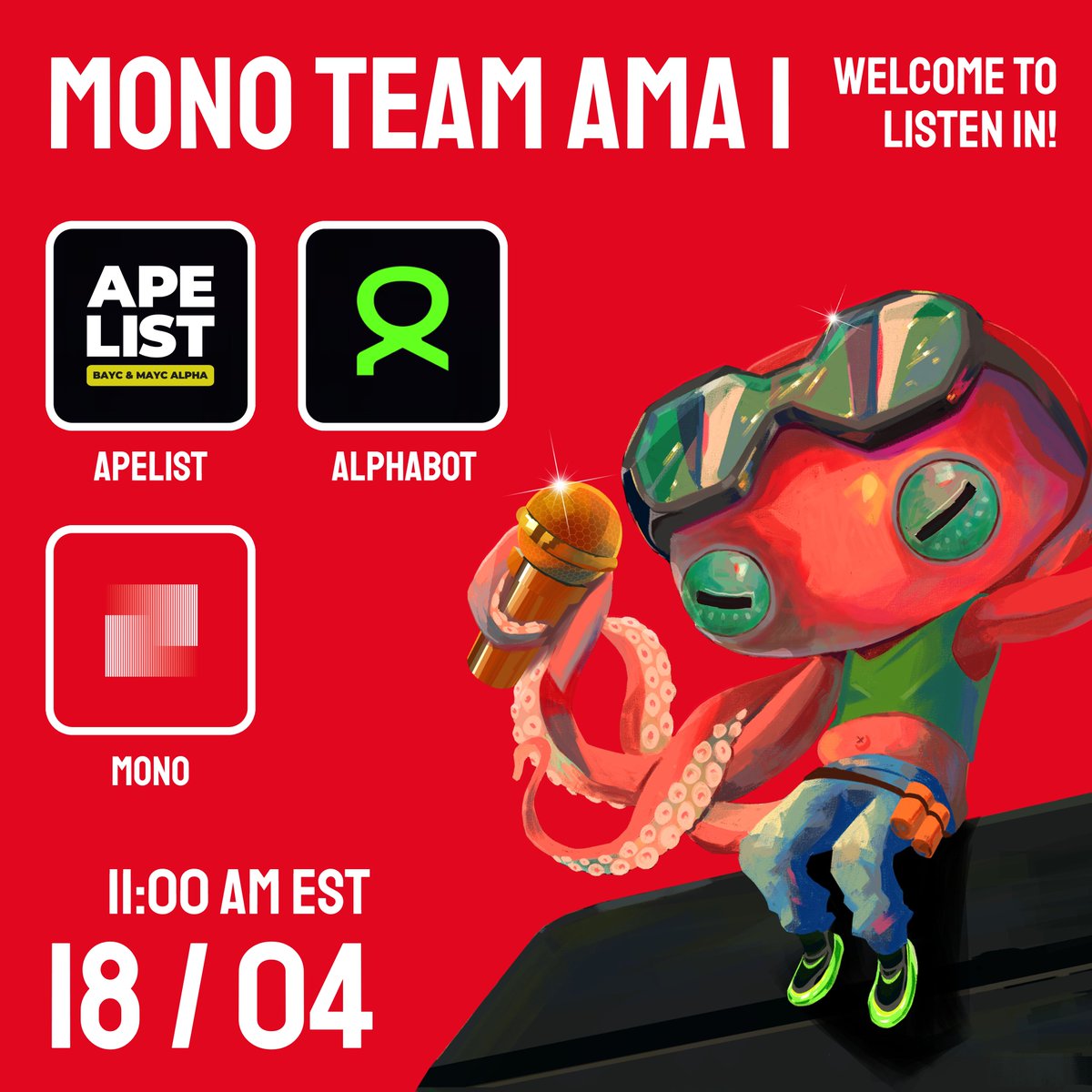 We'll kick off the first MONO AMA with @AlphabotApp & @TheApeList_ . Want to learn about our team members, what we're up to, and our future plans? If you have any of these questions, join us in the Space. Your attendance is welcome! Time: April 18th at 11:00 AM EST