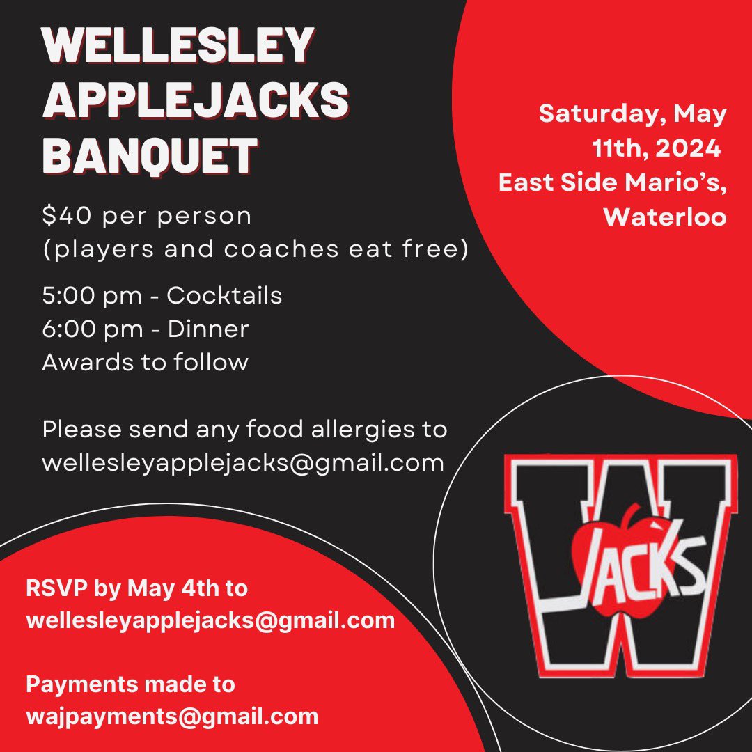 Wellesley Applejacks (@ohaapplejacks) on Twitter photo Calling all parents, players & grandparents of the 2023-2024 applejacks team! Join us in celebrating the year on May 11th at East Side Mario’s in Waterloo!🍎
RSVP by May 4th to wellesleyapplejacks@gmail.com. Calling all parents, players & grandparents of the 2023-2024 applejacks team! Join us in celebrating the year on May 11th at East Side Mario’s in Waterloo!🍎
RSVP by May 4th to wellesleyapplejacks@gmail.com.